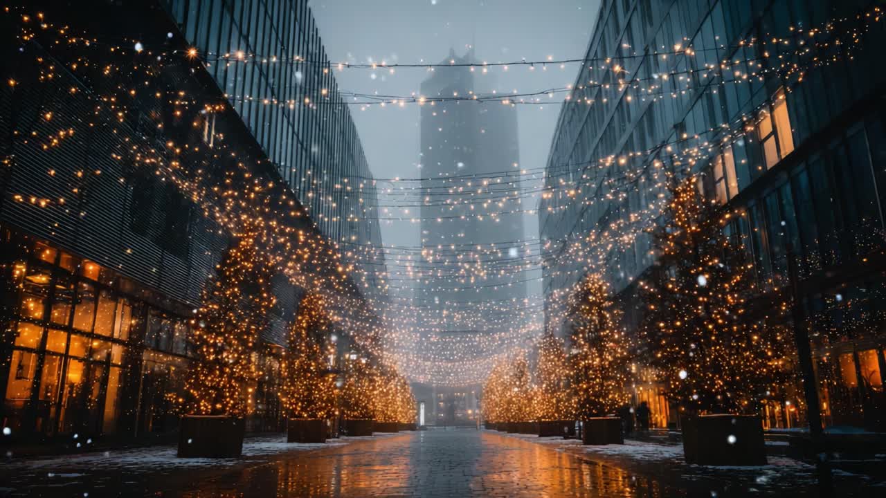 A Magical Winter Evening: Enchanting Pathway Illuminated by Twinkling Lights and Snowfall in a Cozy Urban Setting