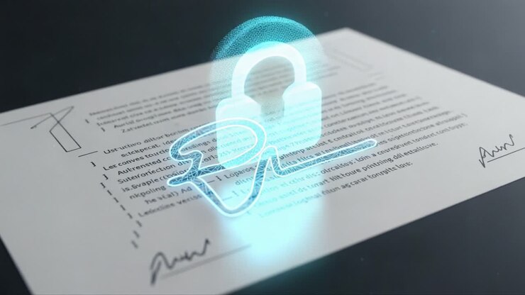 A Virtual Document Transformation Showcase Featuring a Dynamic Signature Animation Transitioning to a Secure Lock Symbol, Highlighting Digital Security and Authentication