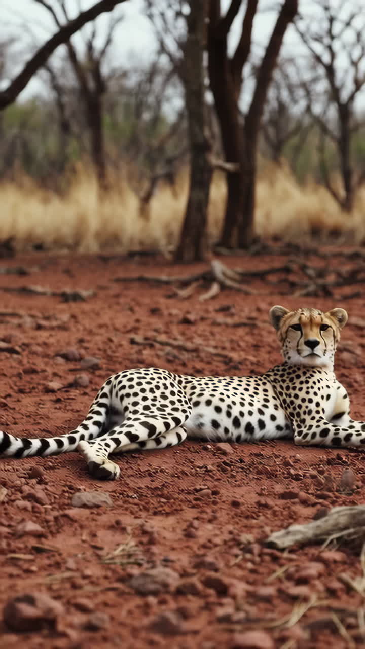 A cheetah resting on the red earth in its natural habitat