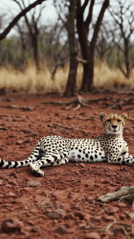 a cheetah resting on the red earth in its natural habitat