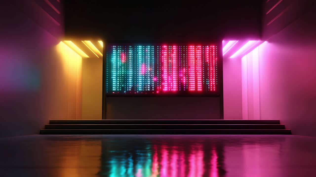 Una straordinaria esposizione di luci LED colorate in uno spazio architettonico moderno, che mette in mostra uno spettro vivace di modelli illuminati e riflessi su un pavimento lucido in un'esperienza visiva coinvolgente