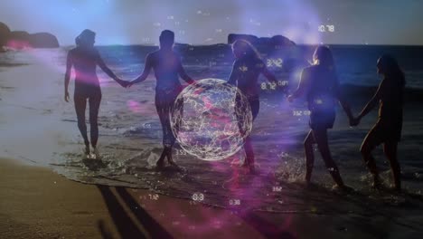 animación de globo giratorio con números sobre amigas que se toman de la mano y caminan en el mar