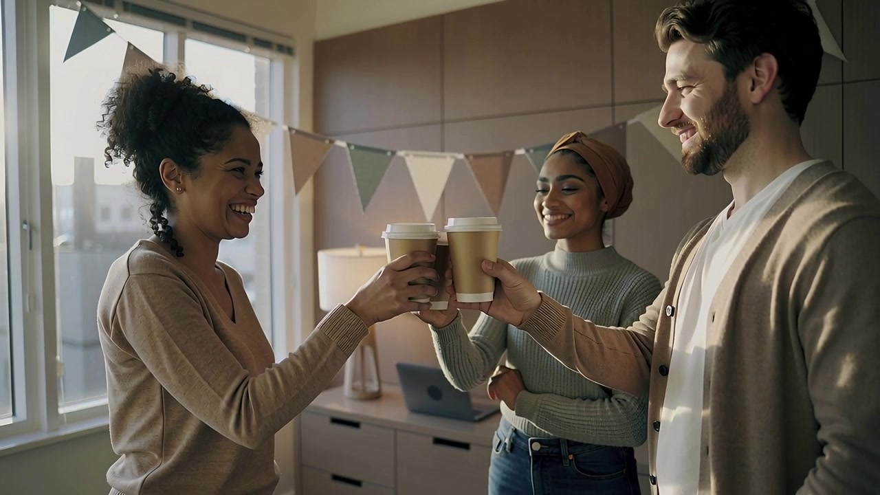 Raising left woman leading toast, trio clinking cups in office celebrating break with headscarf