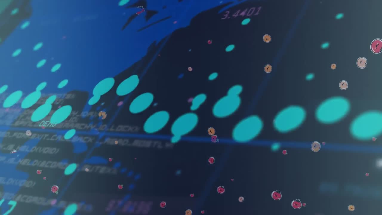 파란색 배경에 세계 지도 위에 데이터 처리 및 과일 이모지 아이콘의 애니메이션