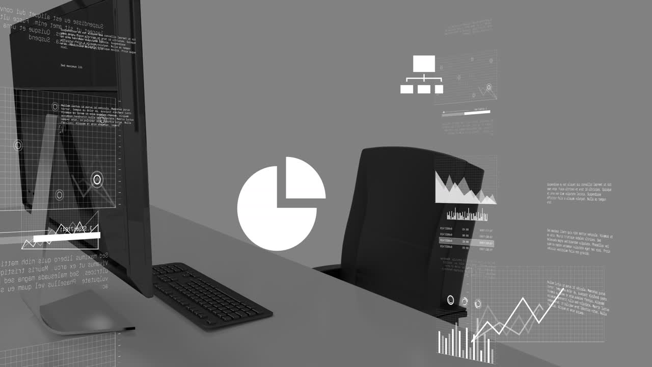 Animation of screens with data processing against office desk