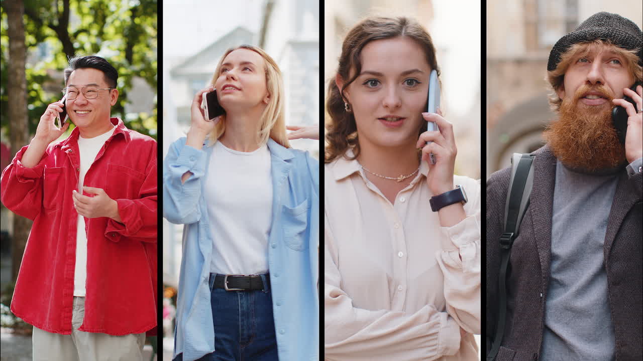 collage de personas felices hombres mujeres turistas teniendo conversación remota comunicarse hablando con teléfono inteligente