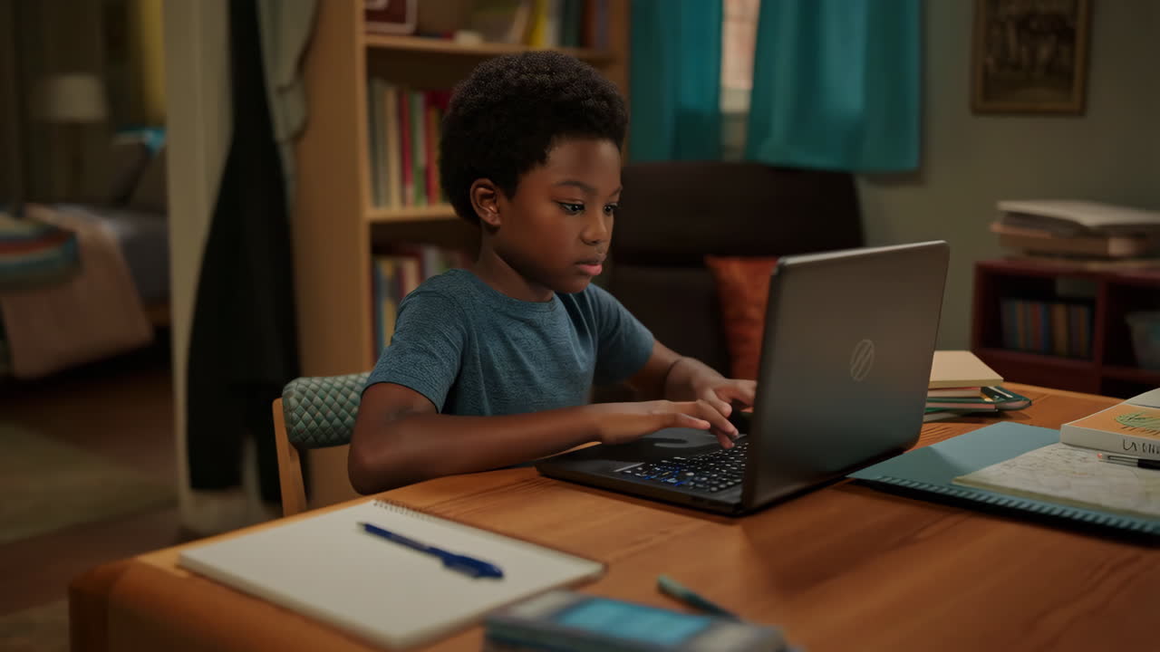 Young African American Boy Studying on Laptop at Home