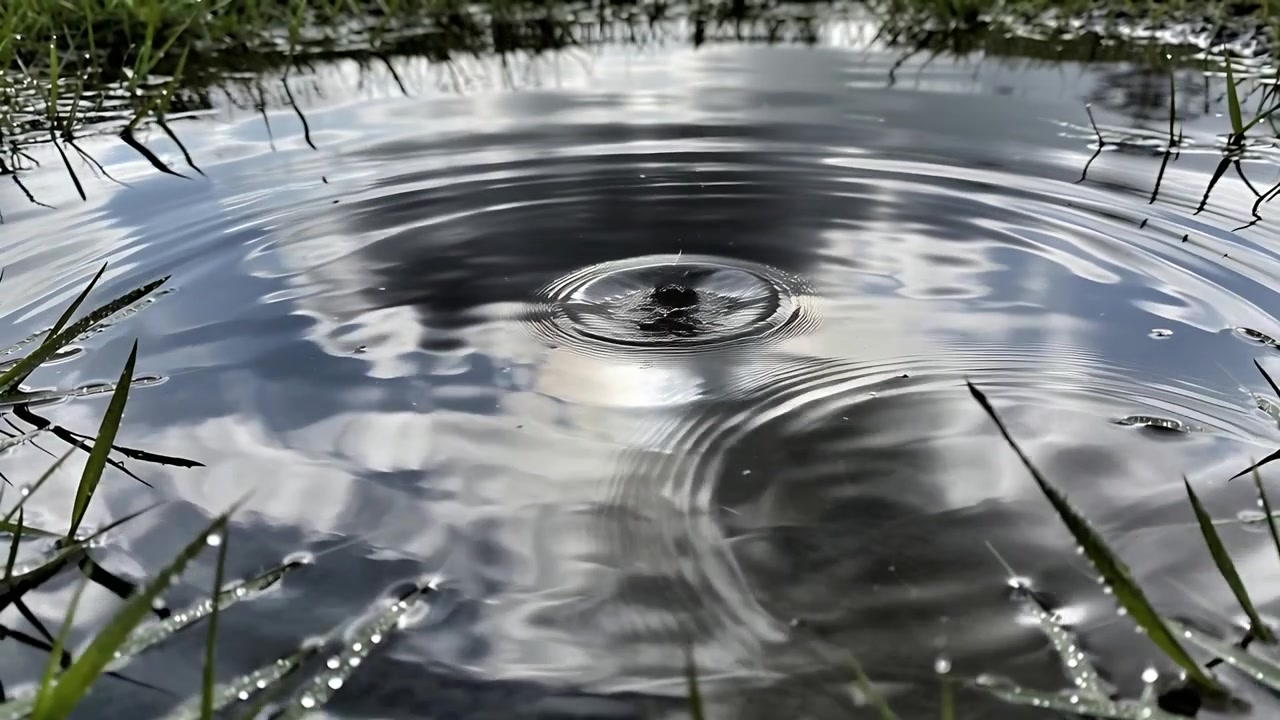 Falling single drop hitting puddle in grass with dew after rain, causing crown and round ripples