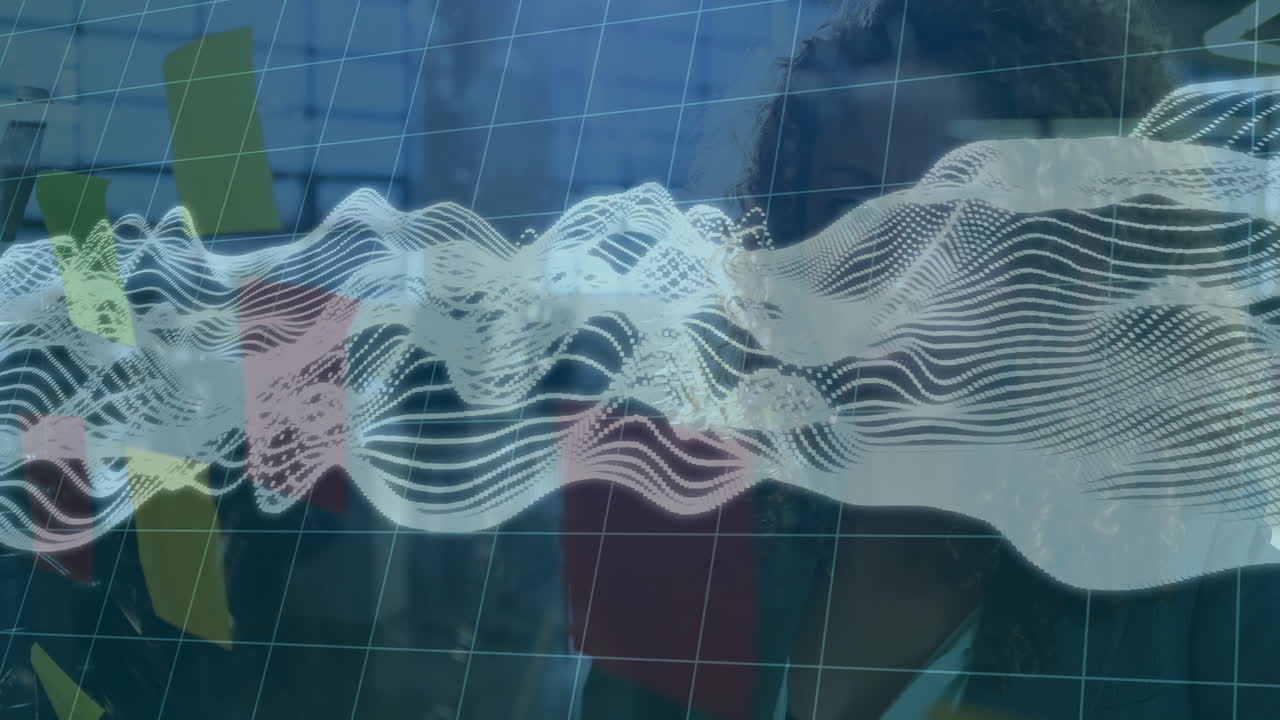 In school, animation of abstract wave patterns and grid overlaying person