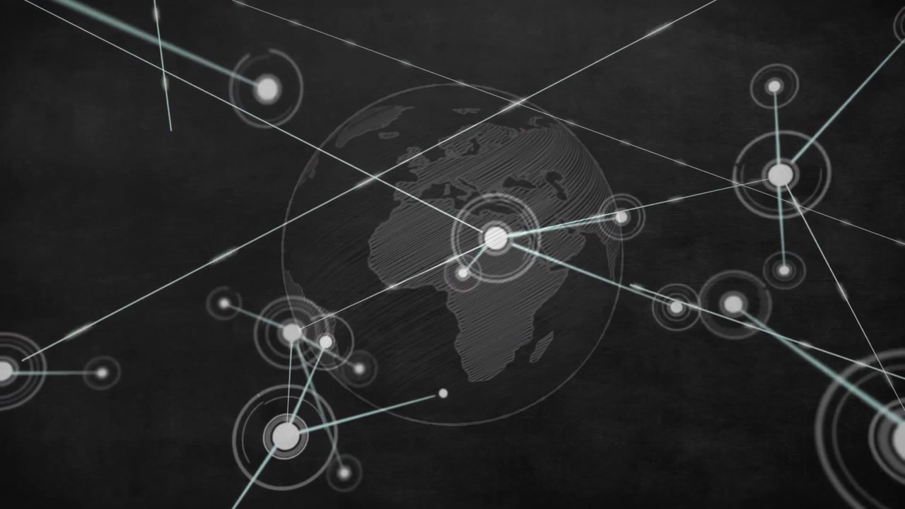 中央ノードがリングを生成し、地球の輪郭を描き、線を伸ばしてネットワークノードを活性化させる様子。