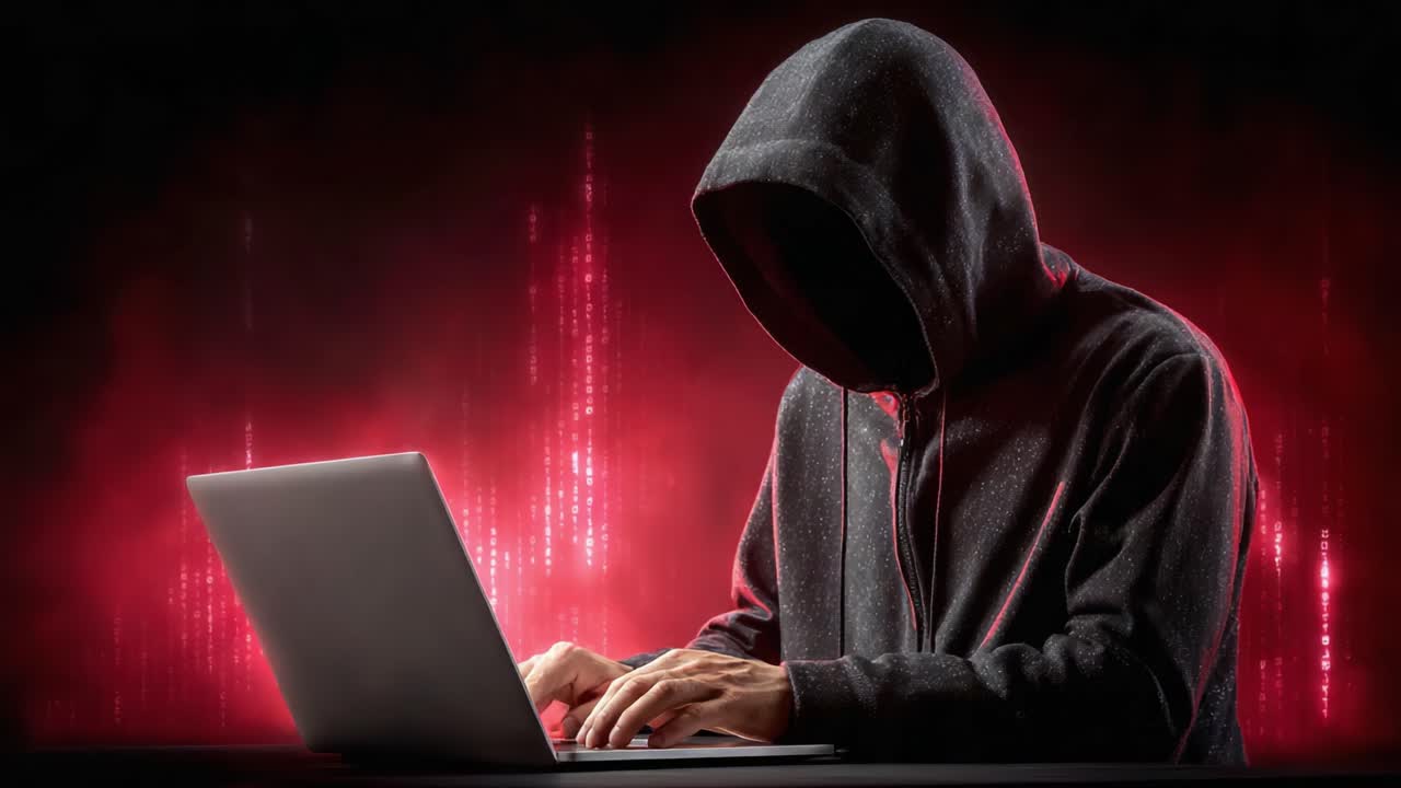 Mysterious figure in a dark hoodie engaged in covert digital activity on a laptop, illuminated by an ominous red glow, symbolizing the world of cybercrime and online secrecy