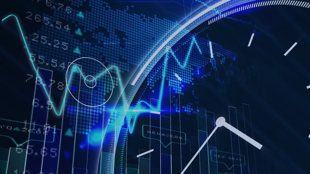 추상적인 배경에 시계, 지도 및 주식 시장 데이터를 가진 여러 그래프의 애니메이션