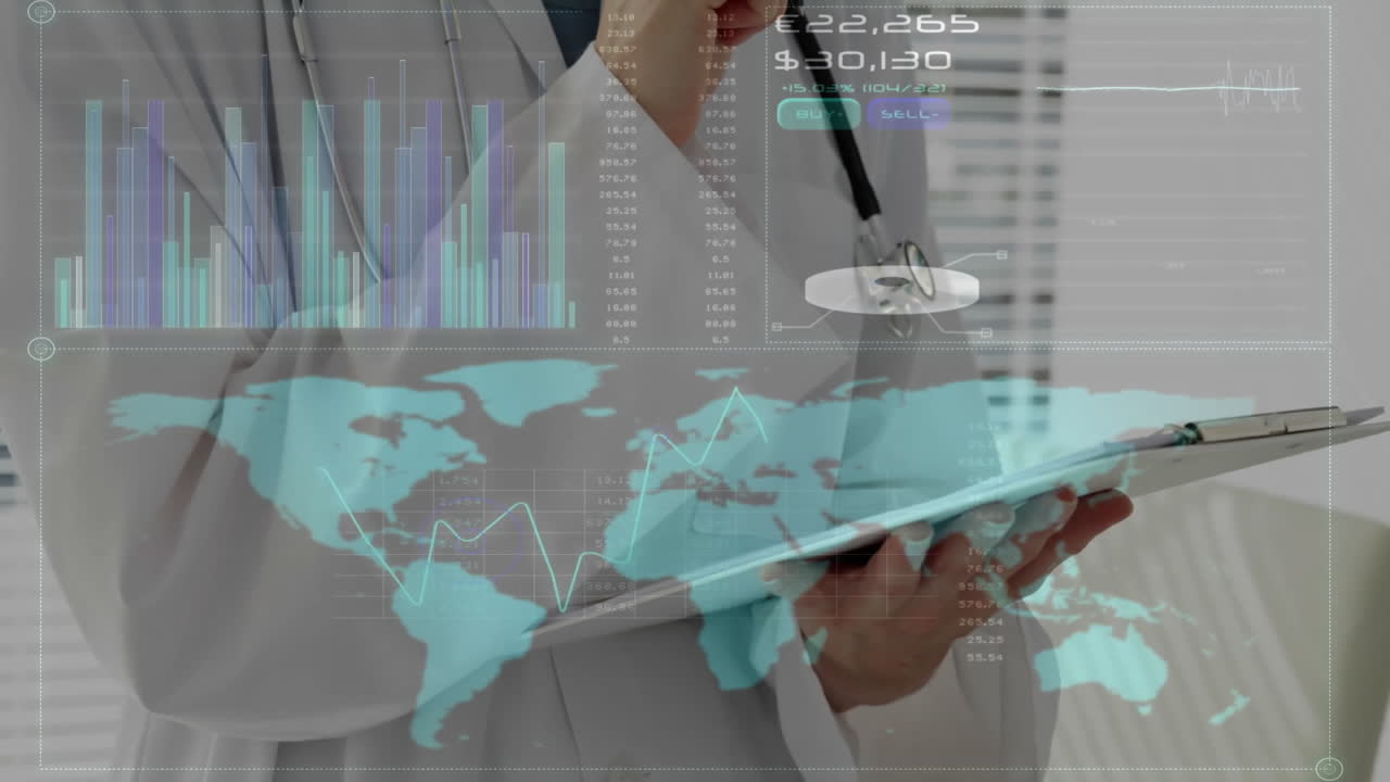 Animation of data processing and world map over caucasian female doctor working in hospital