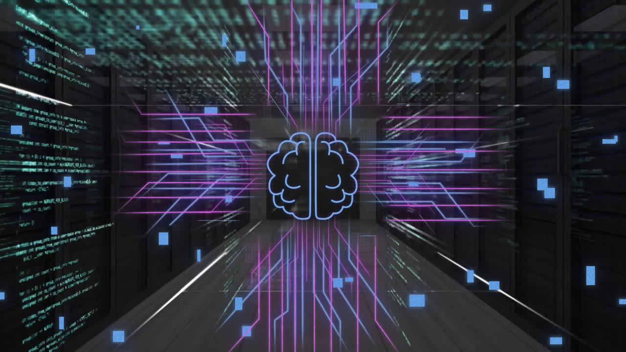 Animation of ai brain,data processing and circuit board connections over black background
