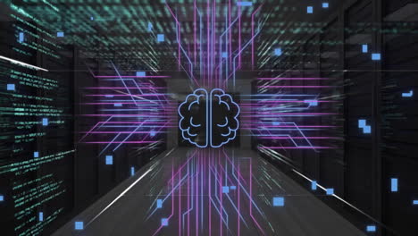 animazione di un cervello ai, elaborazione dei dati e connessioni di schede di circuito su sfondo nero