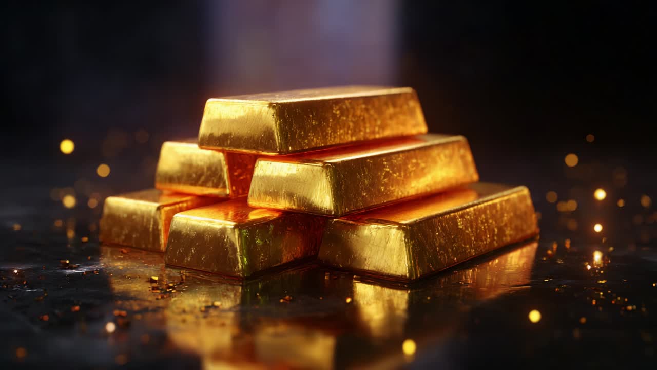 A Gleaming Stack of Gold Bars Captured in Stunning Detail, Highlighting Their Intricate Reflective Surface and the Luster of Precious Metal Against a Softly Lit Dark Background, Radiating Wealth and Luxury