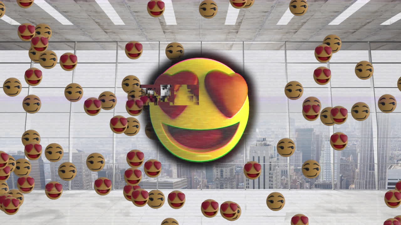Animazione di icone emoji a cuore dei social media su sfondo ufficio.