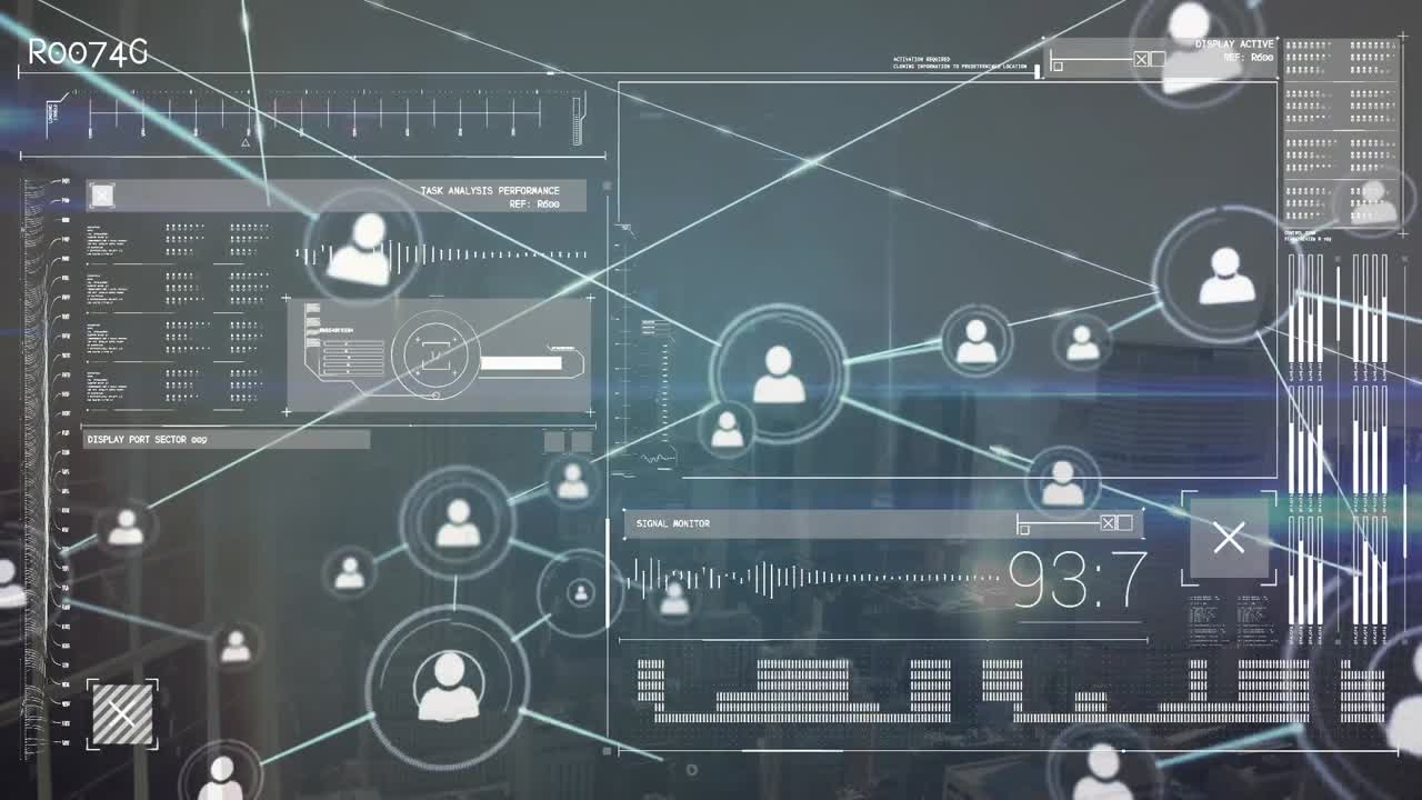 animación de la red de iconos de perfil y interfaz con el procesamiento de datos frente a la vista del paisaje urbano.
