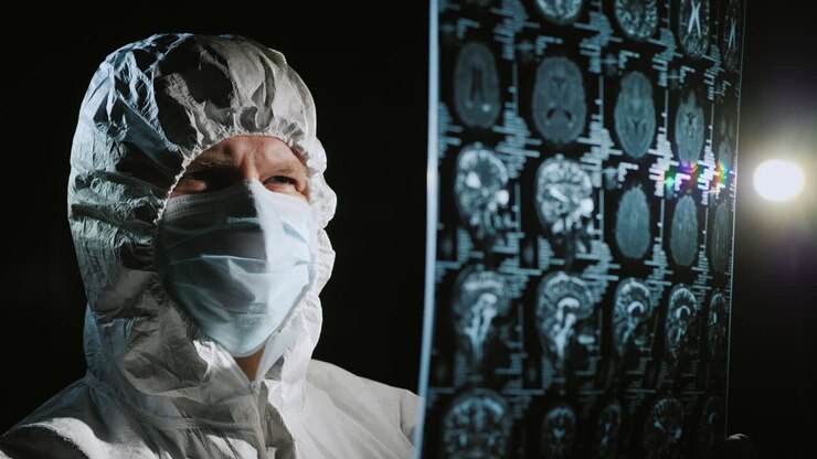 Doctor in protective clothing looks at the results of the patient's examination 2