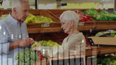 animation of financial data processing over caucasian couple grocery shopping