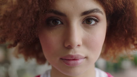 close up portrait of cute young teenage student girl looking at camera innocent beautiful woman with afro perfect skin