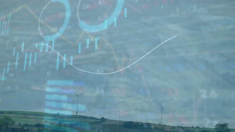 animation of financial data and graphs over lanscape