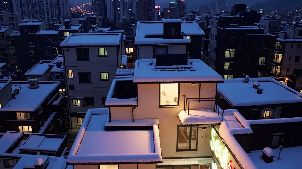 Snow blanketing rooftops across Seoul at twilight, warm lights glowing from windows, creating a tranquil and enchanting winter urban landscape filled with serene beauty
