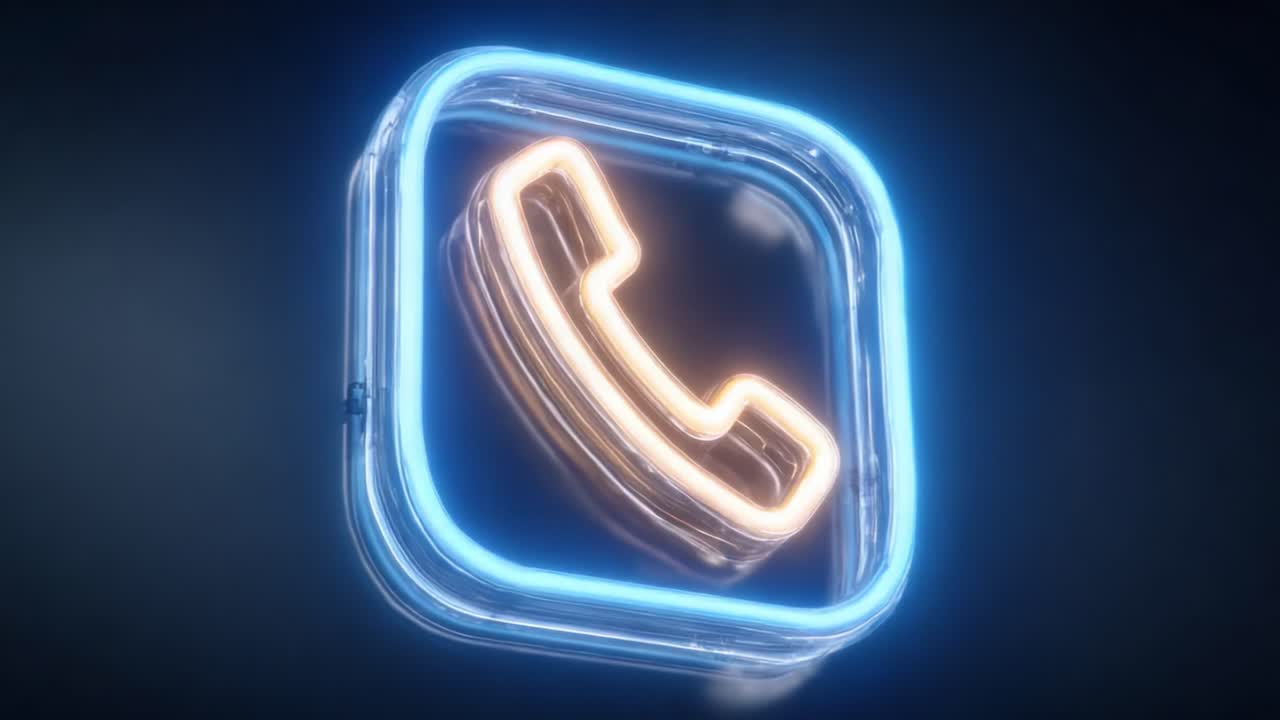Illuminated Neon Phone Icon Featuring a Blue Edged Square Background, Perfect for Communication-themed Designs and Digital Media Representations