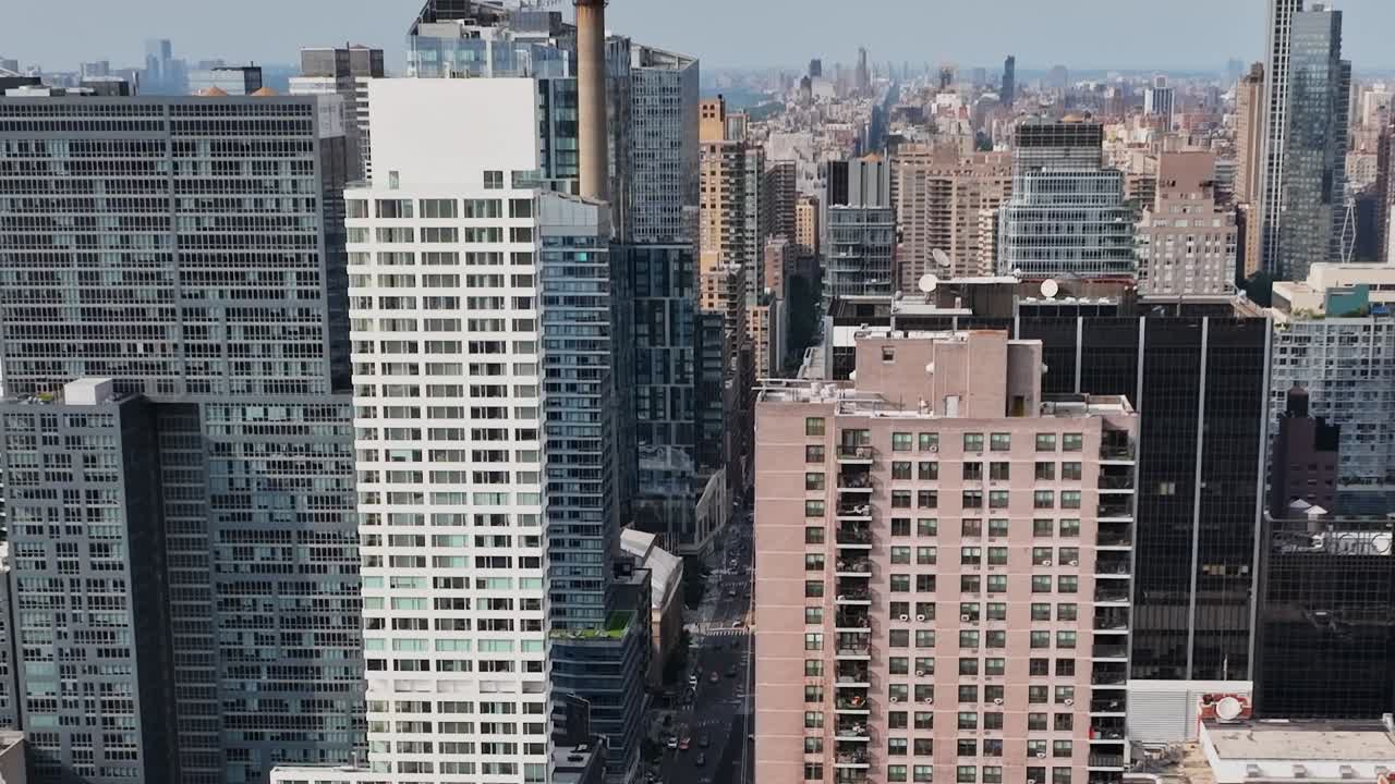 View of busy streets and skyscrapers in New York from a drone perspective