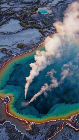 aerial view of geothermal hot spring with steam