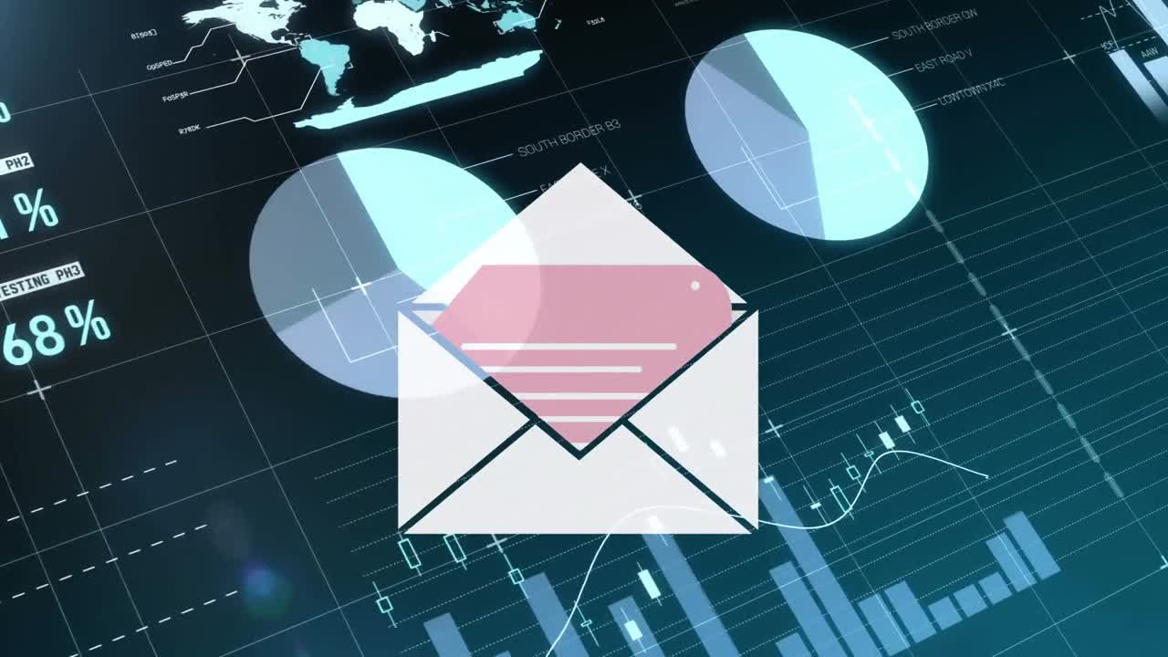 Animation of email icon over moving screen with digital data on black background
