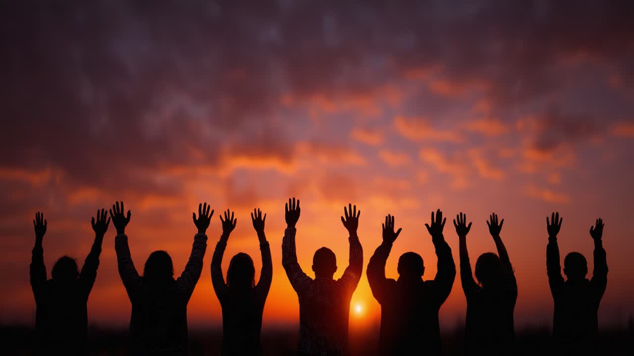 Silhouetted Figures Rejoicing Against a Stunning Sunset Sky: A Moment of Connection and Celebration Captured in Two Frames of a Shared Experience