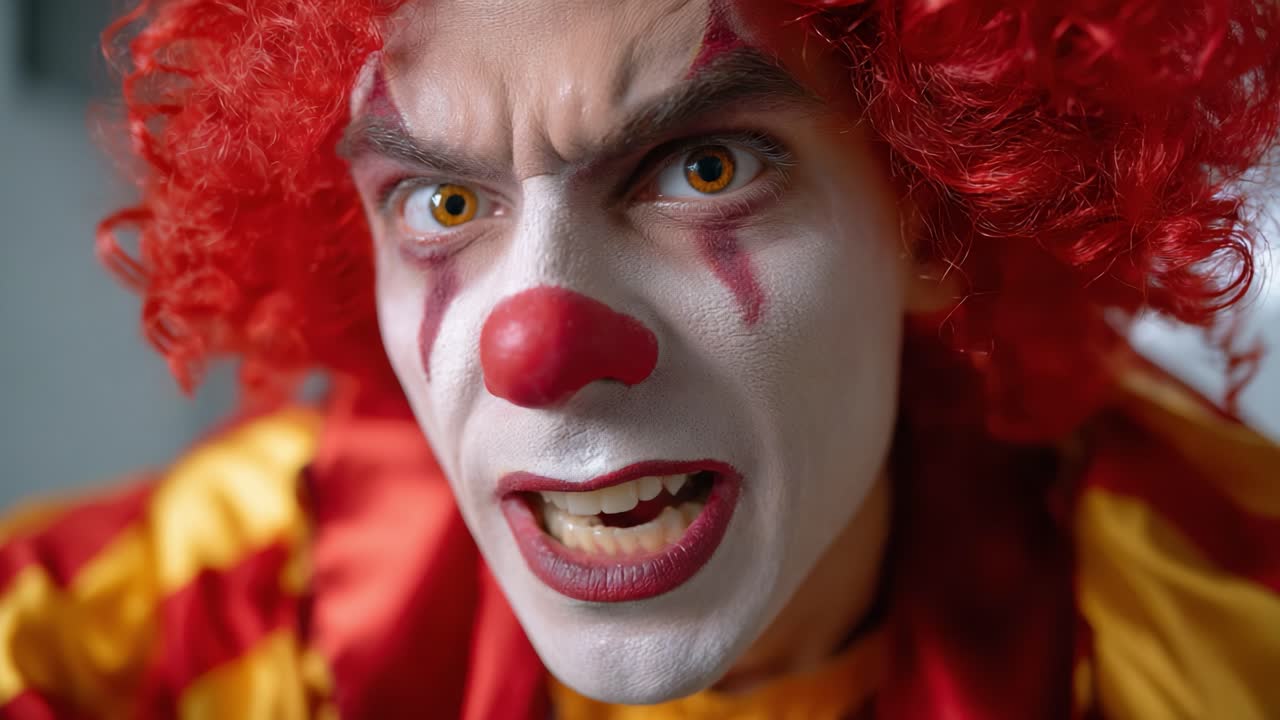Intense Clown Expression: A Close-Up of a Clown with Bright Red Hair and Bold Makeup Displaying a Range of Emotions from Anger to Amusement in Two Frames