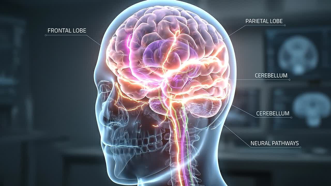 Labeled brain anatomy inside transparent head highlighting frontal lobe ...