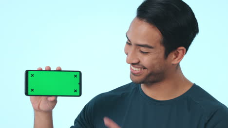 Happy-asian-man,-face-and-phone-green-screen