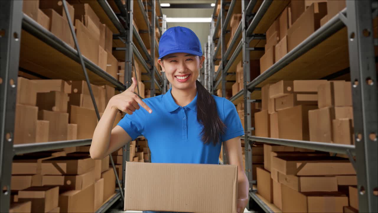mensajera asiática en uniforme azul sonriendo y señalando un cartón en la mano mientras lo entrega en el almacén