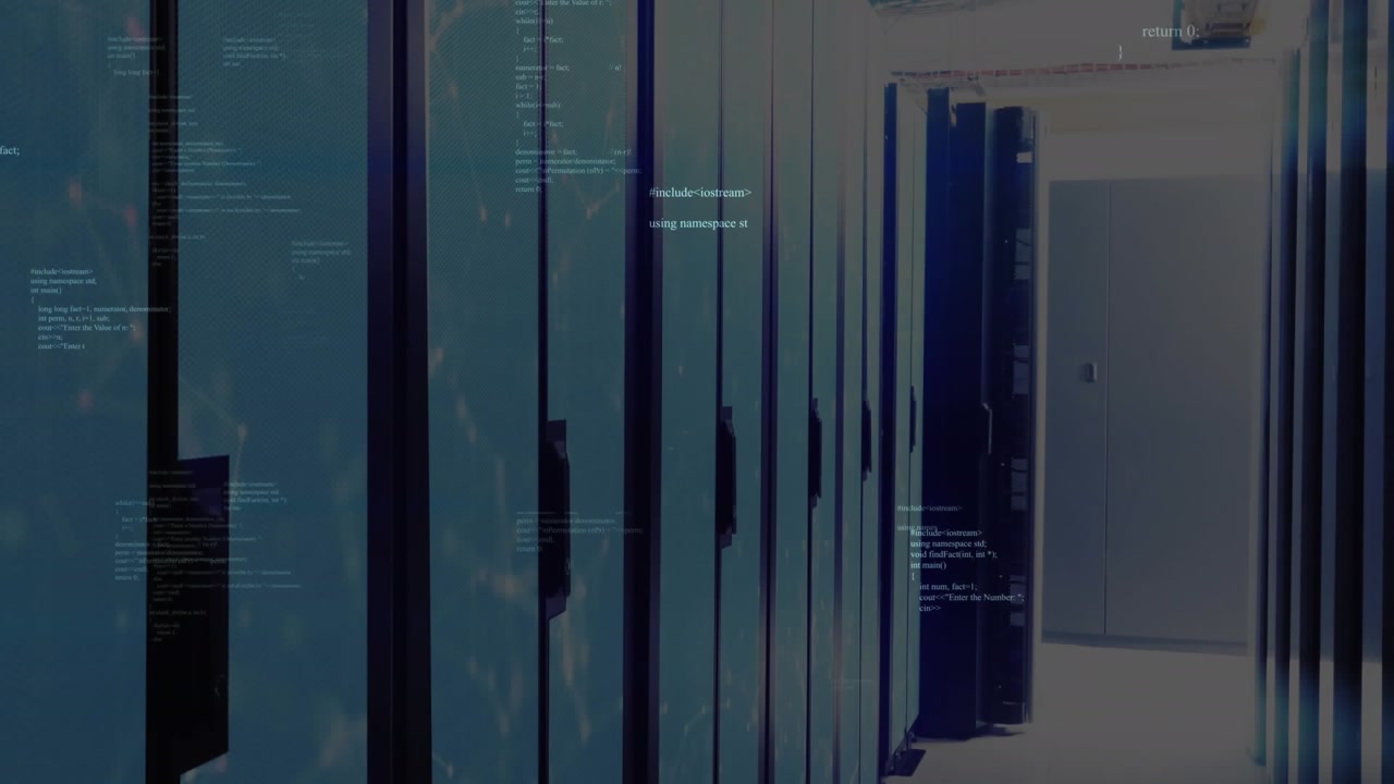 Animation of computer language over data server racks in server room