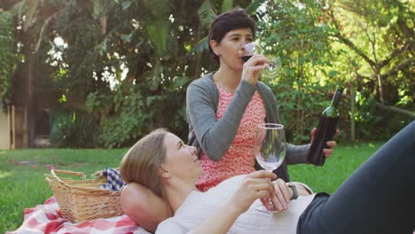 pareja de lesbianas caucásicas bebiendo vino juntos en el jardín durante un picnic