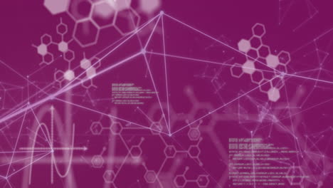 animación digital de estructuras moleculares y red de conexiones contra un fondo rosa