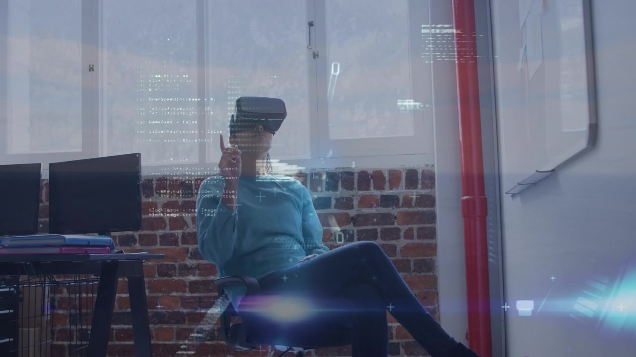 Woman Wearing VR Headset Interacting with Digital Interface in Office