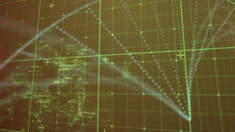 Animación-De-Cuadrícula-Verde-Y-Partículas-Que-Forman-Hélices-Sobre-El-Procesamiento-De-Datos,-En-Marrón.