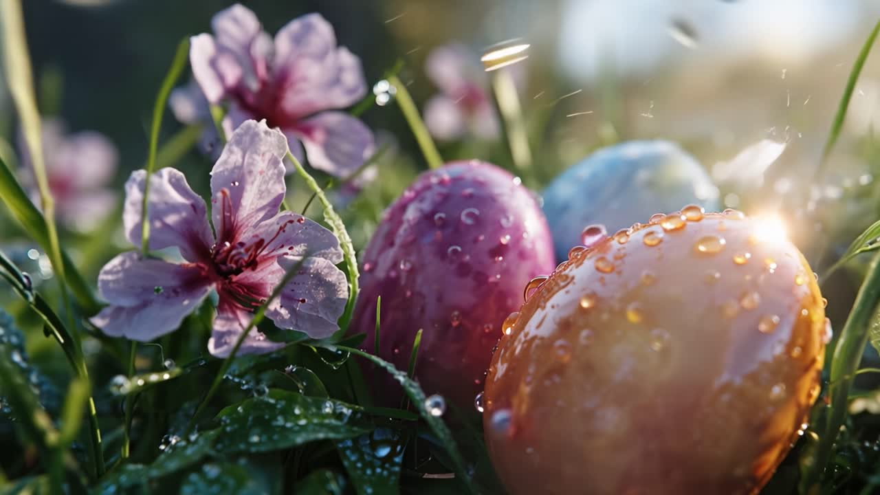 Regentropfen glänzen auf Ostereiern, die im Gras eingebettet sind. Rosa Blumen wiegen sich neben bunten, bemalten Eiern. Sonnenlicht schimmert sanft durch taufeuchte Grashalme. In dieser friedlichen Szene sind keine Menschen zu sehen.