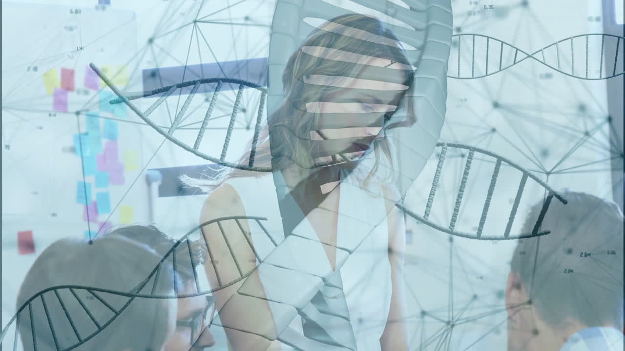 DNA strand and network animation over people collaborating in office setting