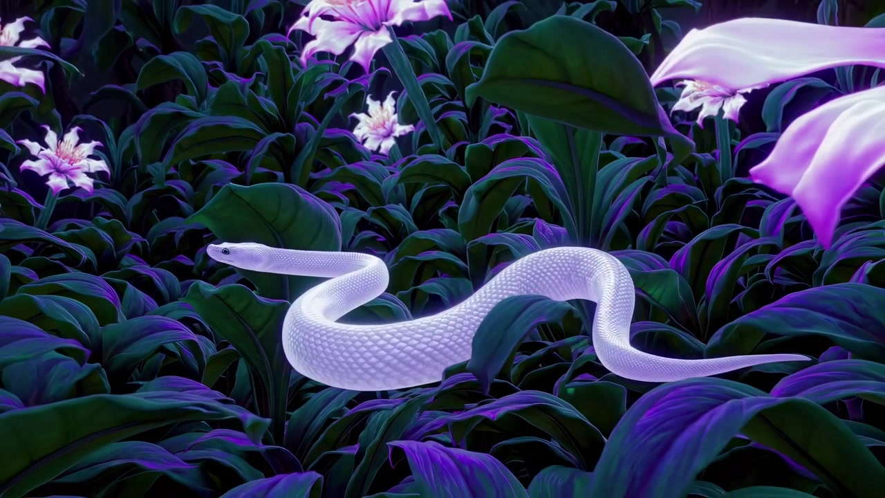 Serpente bianco luminoso che si muove attraverso la vegetazione tropicale scura.