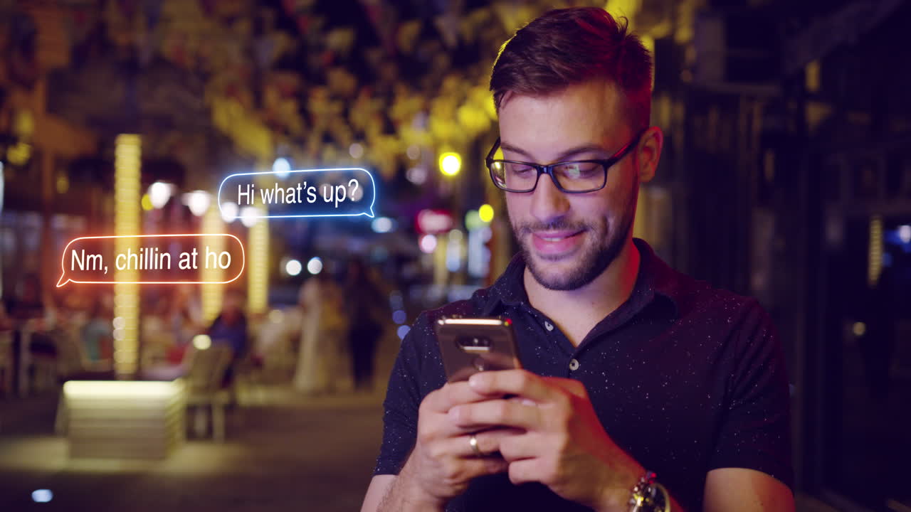 hombre mensajes de texto en el teléfono por la noche mensaje