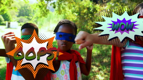 children playing superheroes with oops! and wow comic book animation over them