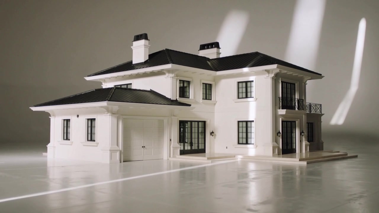 Apparecchi di illuminazione mobili che scorrono su un piedistallo lucido, illuminando un modello di casa a 2 piani per mostrarne le caratteristiche