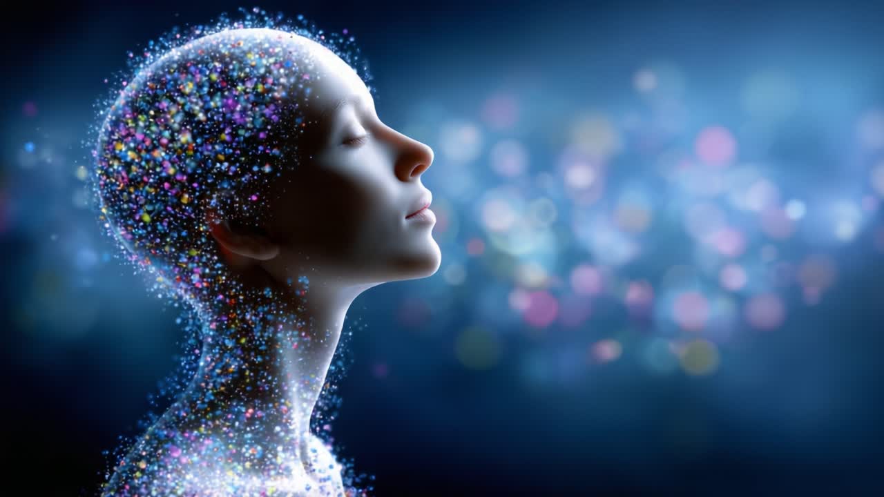 A Surreal Journey into the Human Mind: Exploring the Depths of Consciousness Through a Magical Portrait of a Radiant Figure Embellished with Sparkling Particles and Dreamlike Light