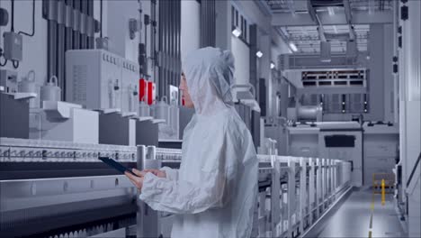 side view of asian male scientist using a tablet and looking around while standing at pharmaceutical factory, vaccine production facility