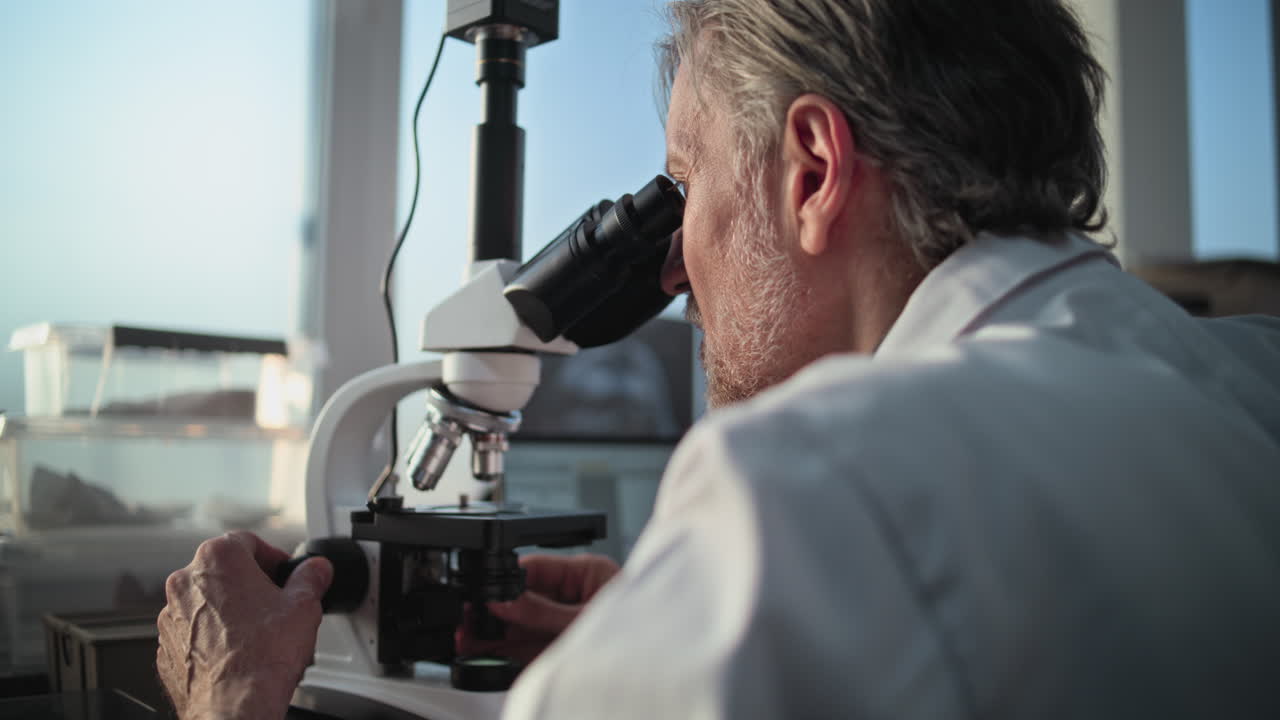 científico usando el microscopio en el laboratorio